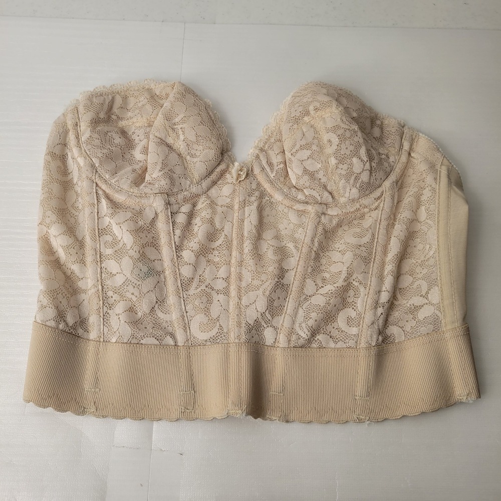 Vtg 80s Carnival 213 Longline Bustier Bra 36A Nude Lace Strapless Low Back Union